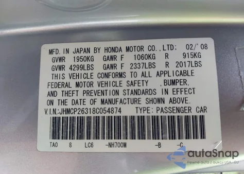 2008 Honda Accord 2.4 Lx z USA, uszkodzony, nr VIN JHMCP26318C054874